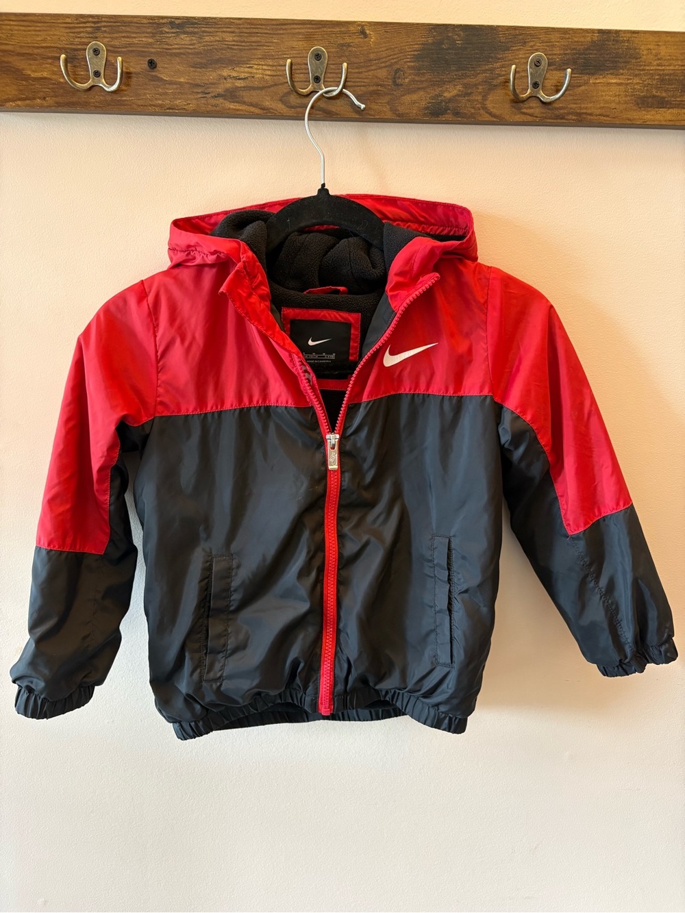 Nike Kids' Red & Black Hooded Fleece Lined Windbreaker Jacket - Size 5-6